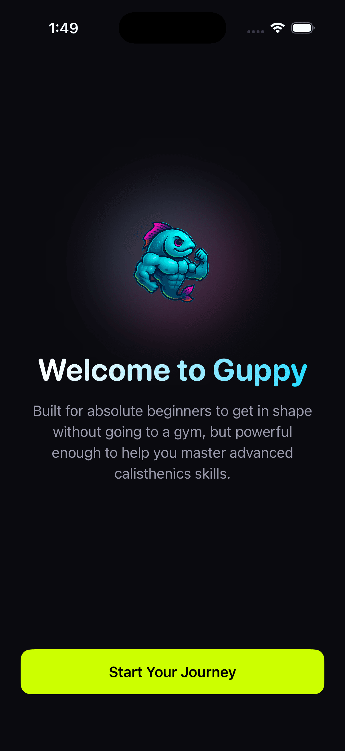 Guppy welcome screen introducing the app for beginners